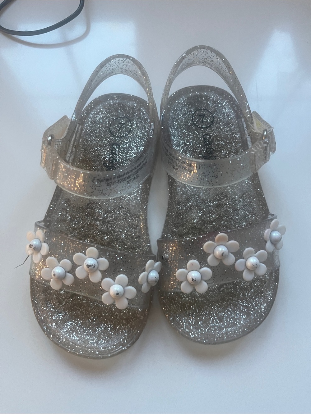 Cat & Jack Silver Glitter Jelly Sandals with White Flower Accents